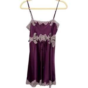Leigh Bantivoglio S 100% Silk Slip Dress Plum‎ Purple Lace Trim Strap Dark Fairy
